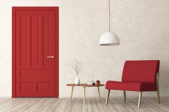 Modern interior of living room with red door, armchair and coffee table 3d rendering